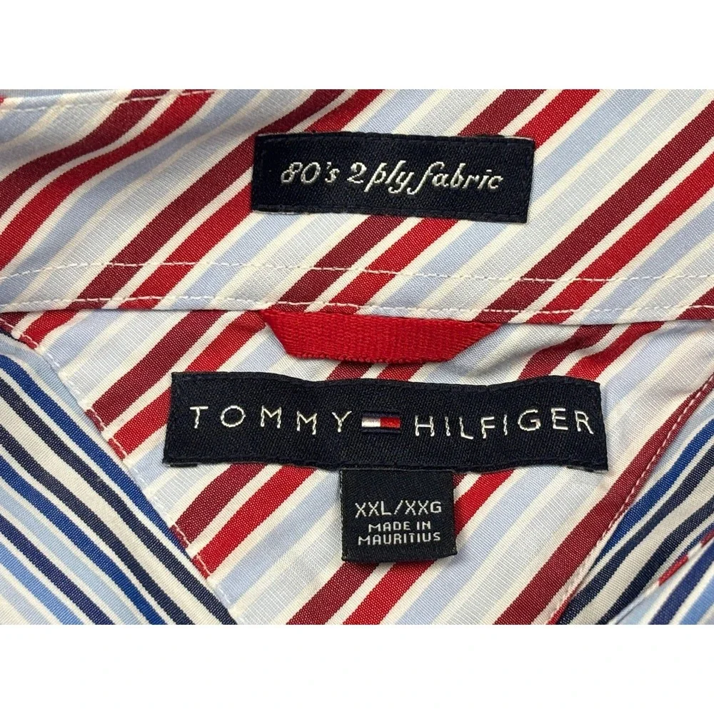 Tommy Hilfiger Mens XXL Blue White Striped 80s 2-Ply Cotton‎ Button Down Shirt
